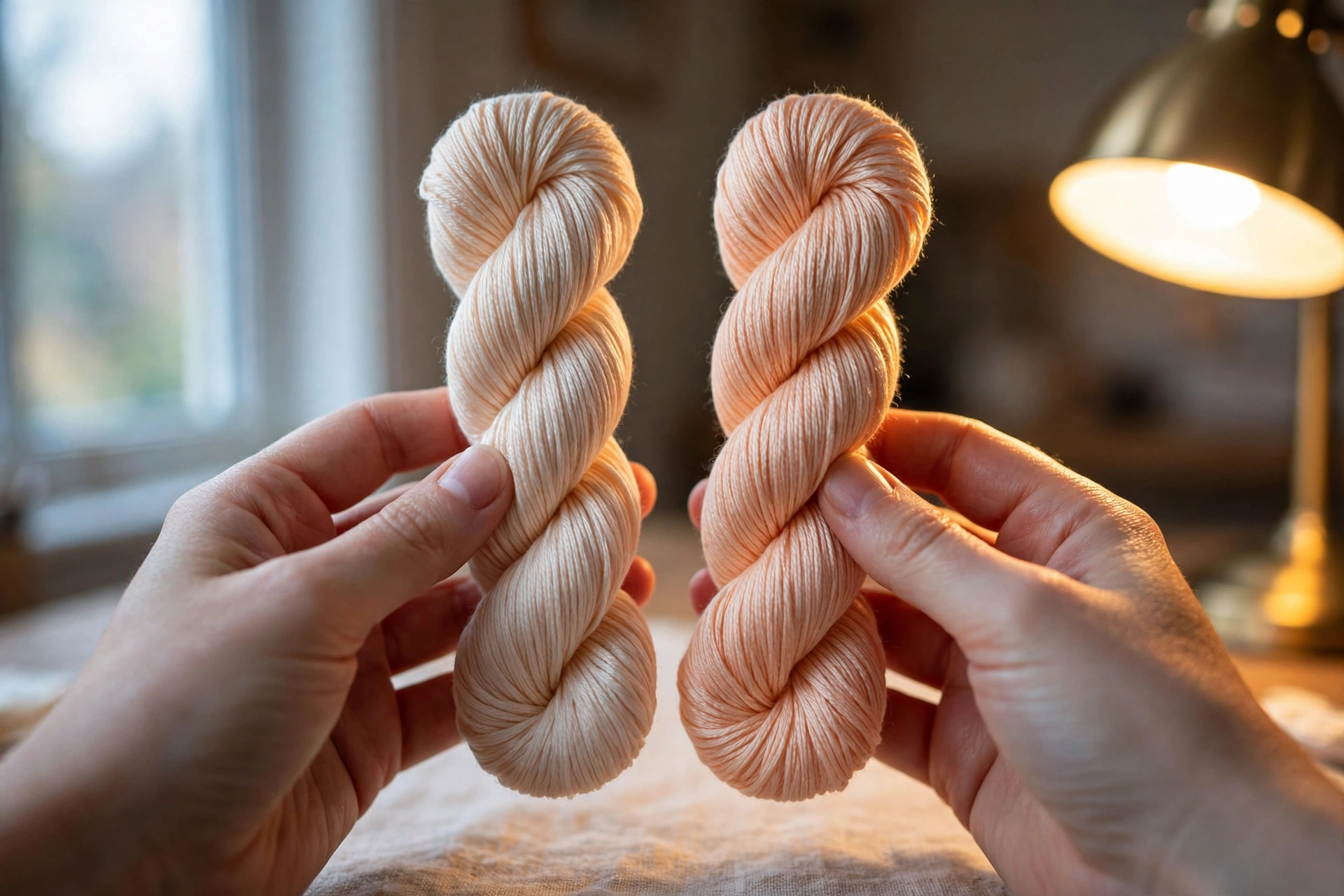 Two identical embroidery floss skeins compared under cool window daylight and warm lamplight showing color difference