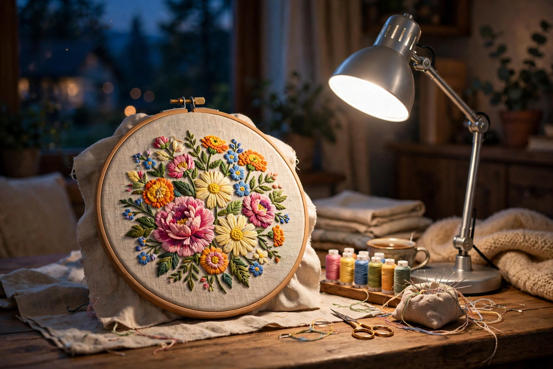 Embroidery hoop with colorful stitched flowers on a table next to a daylight desk lamp in the evening