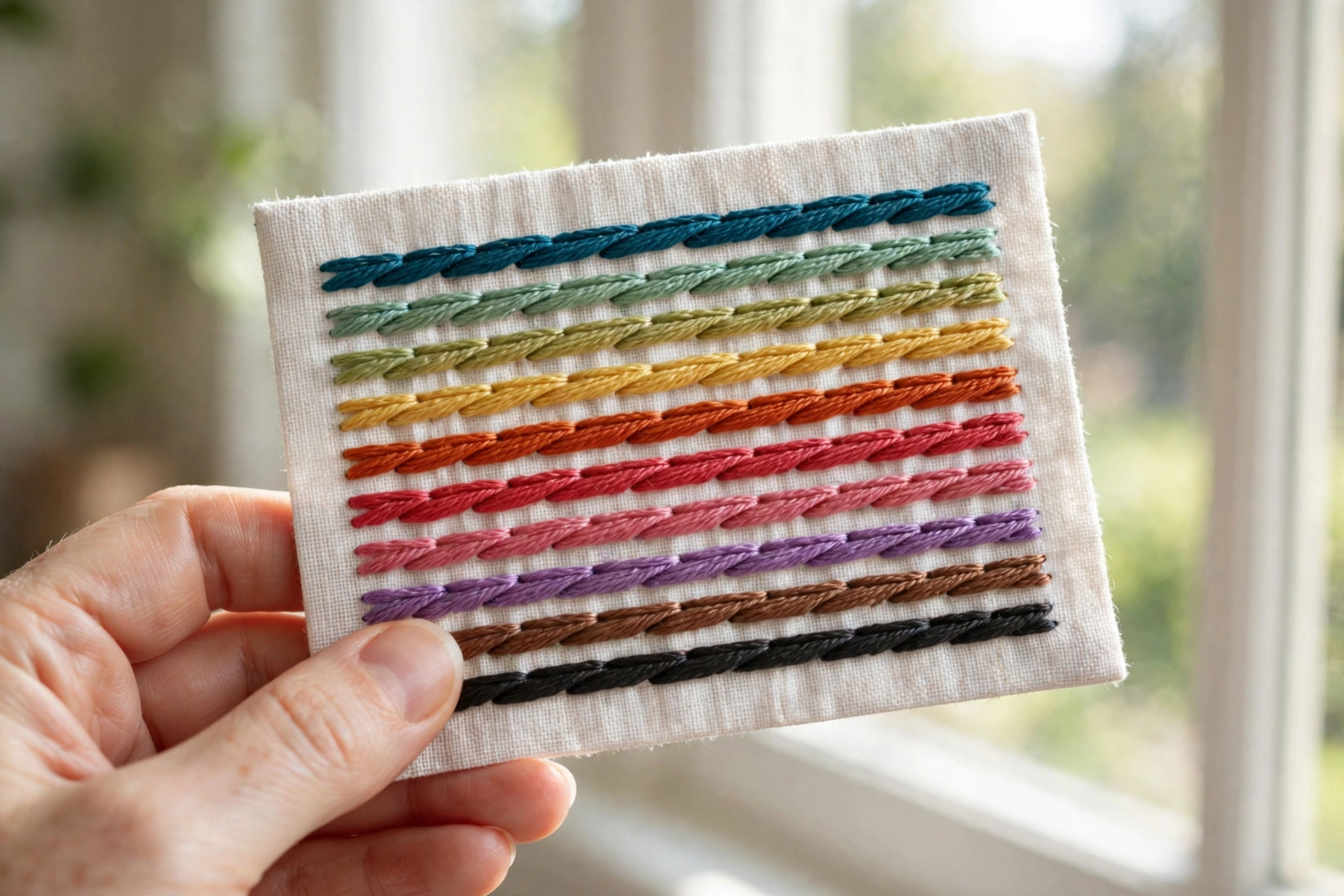 Hand-stitched thread color test card with rows of satin stitch in different floss colors held near a bright window