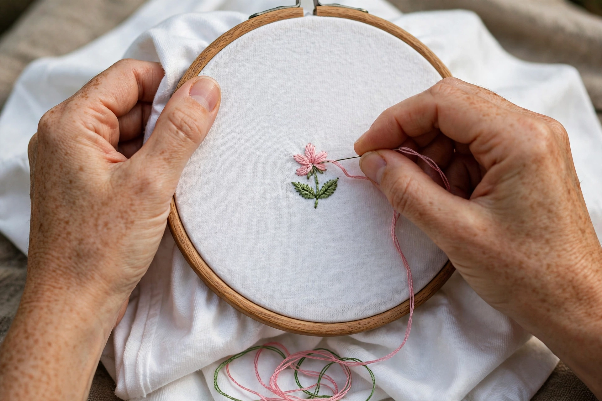 Photorealistic close-up of hands embroidering a small flower design on a white t-shirt stretched in a wooden hoop, landscape orientation, no text | PHOTOREALISTIC image of a finished hand-embroidered t-shirt laid flat showing a smooth unpuckered floral design on the chest, landscape, no words or letters | Photorealistic macro shot of needle pulling colorful embroidery thread through grey t-shirt fabric with iron-on stabilizer visible behind, landscape, no text
