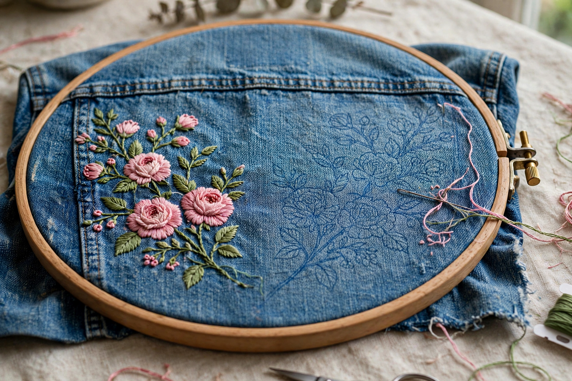Photorealistic image of a denim jacket back panel in an embroidery hoop with a half-finished floral design, landscape, no text | PHOTOREALISTIC close-up of hands stitching colorful flowers on a denim jacket pocket with a thimble, landscape, no words or letters | Photorealistic flat lay of embroidery tools for denim, sharp needles, colorful floss skeins, chalk, hoop and scissors on a table, landscape, no text
