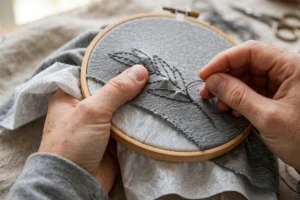Hands embroidering on stretchy grey jersey fabric in a hoop with fusible stabilizer
