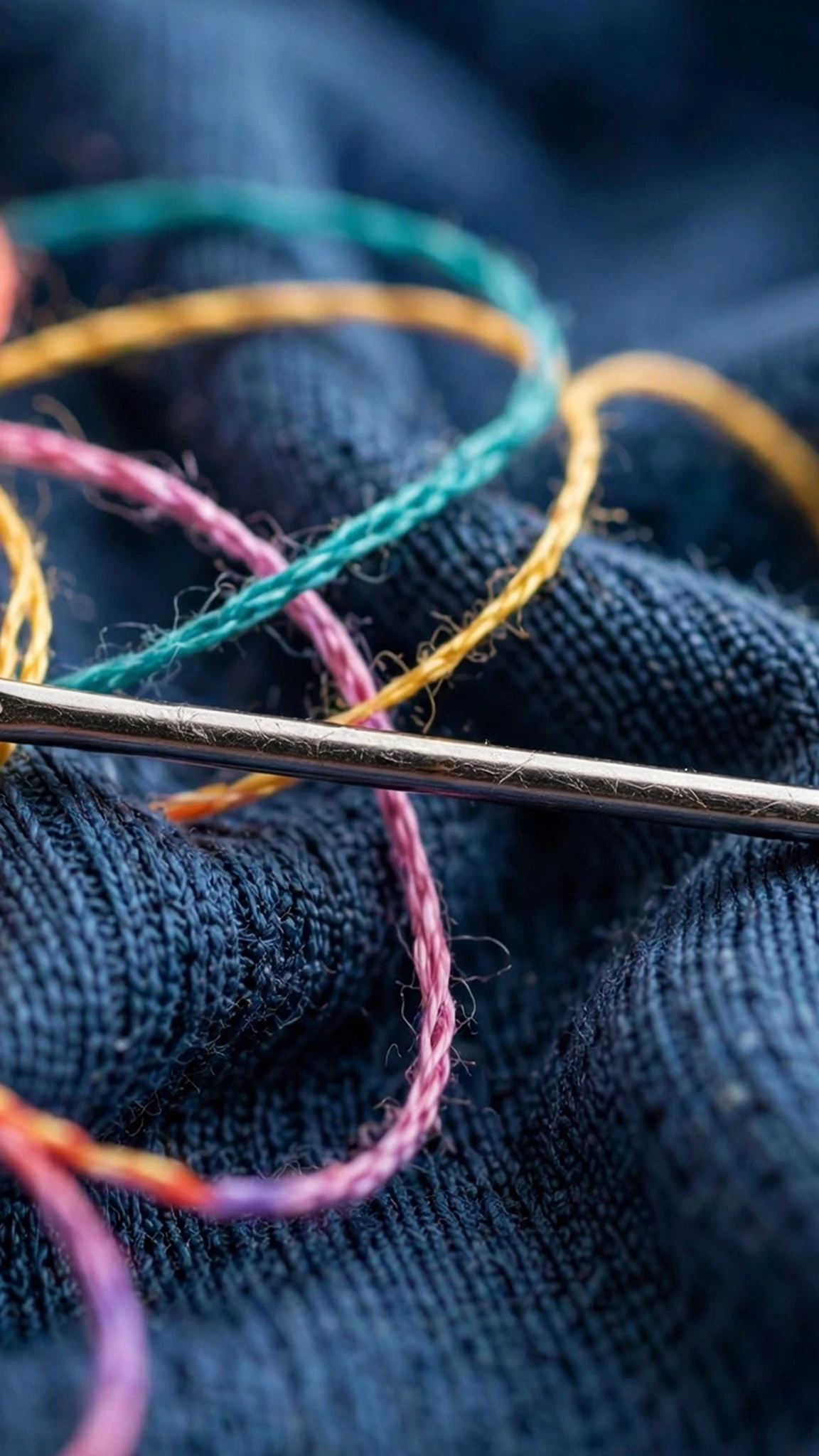 Photorealistic close-up of hands embroidering on stretchy grey jersey fabric in a hoop with fusible stabilizer, landscape, no text | PHOTOREALISTIC macro of a ballpoint embroidery needle and colorful thread on stretchy athletic fabric, landscape, no words or letters | Photorealistic image of a finished embroidered stretchy headband laid flat showing smooth flexible stitching, landscape, no text