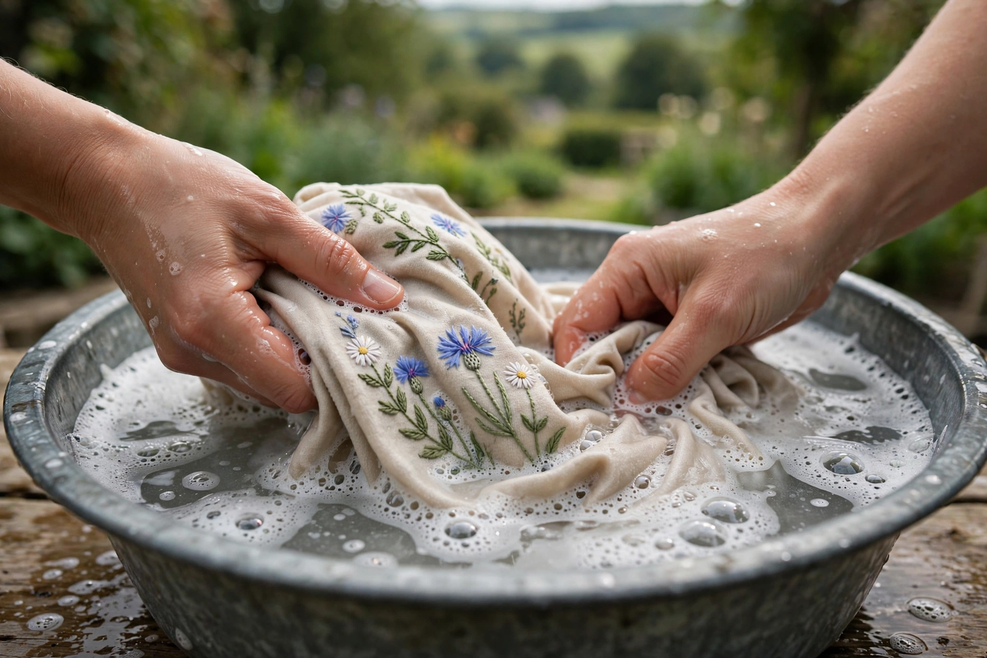 Photorealistic image of hands hand-washing an embroidered t-shirt in a basin of soapy water, landscape, no text | PHOTOREALISTIC close-up of an embroidered denim jacket turned inside out in a washing machine, landscape, no words or letters | Photorealistic image of embroidered clothes drying flat on a rack with soft natural light, landscape, no text