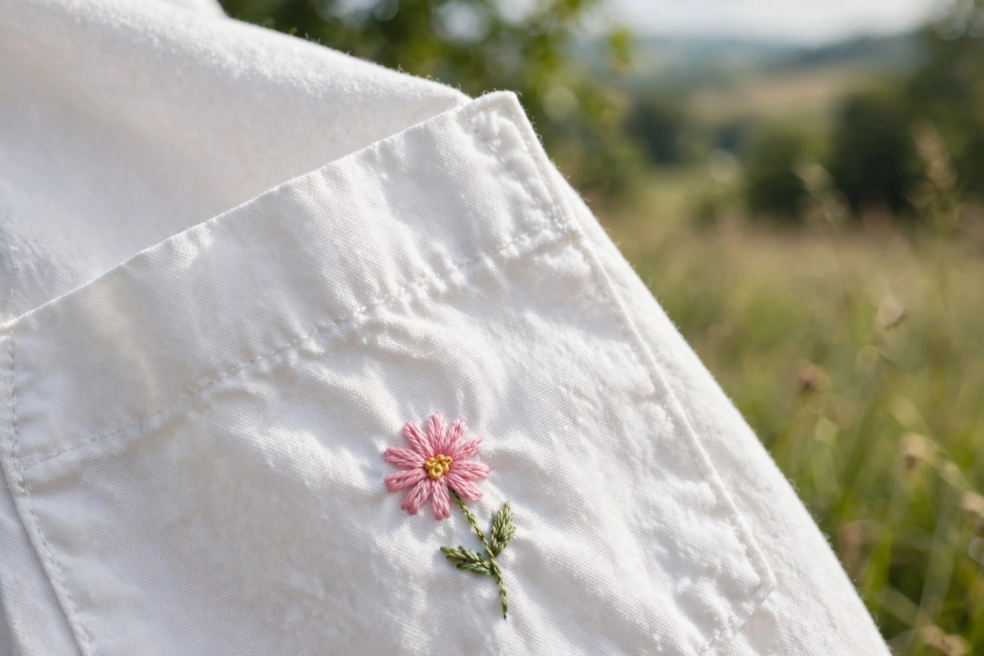 Photorealistic landscape close-up of white cotton shirt pocket corner with small hand-embroidered pink daisy in lazy daisy stitch and green stem, soft daylight, no text