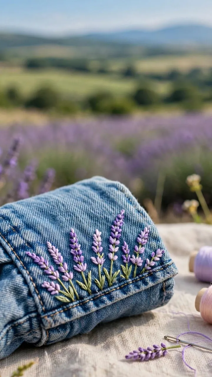 Photorealistic landscape image of denim shirt sleeve cuff embroidered with tiny purple lavender sprigs, needle and pastel thread spools beside, no text