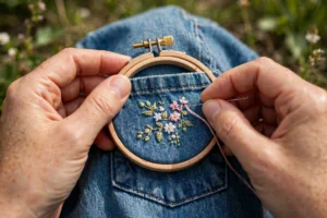 Photorealistic landscape close-up of hands stitching tiny floral motif on denim shirt chest pocket in small wooden hoop, daylight, no text