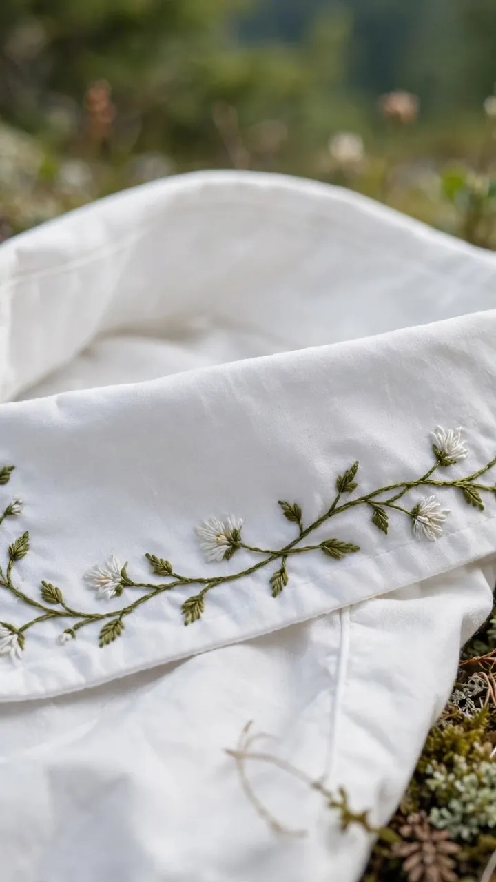 Photorealistic landscape image of white shirt collar with delicate embroidered vine along edge, hoop removed, thread and needle nearby, no text