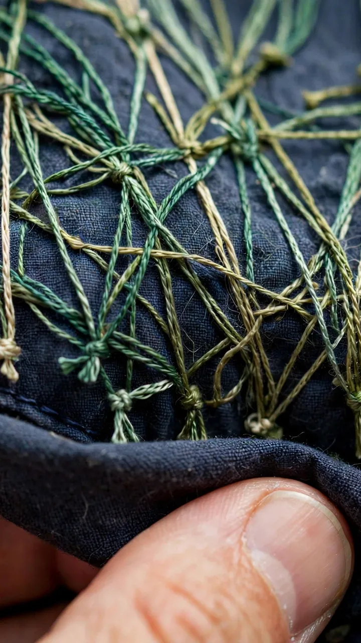 Photorealistic landscape close-up of back side of embroidered shirt pocket showing neat secured thread ends, fingers holding fabric, no text