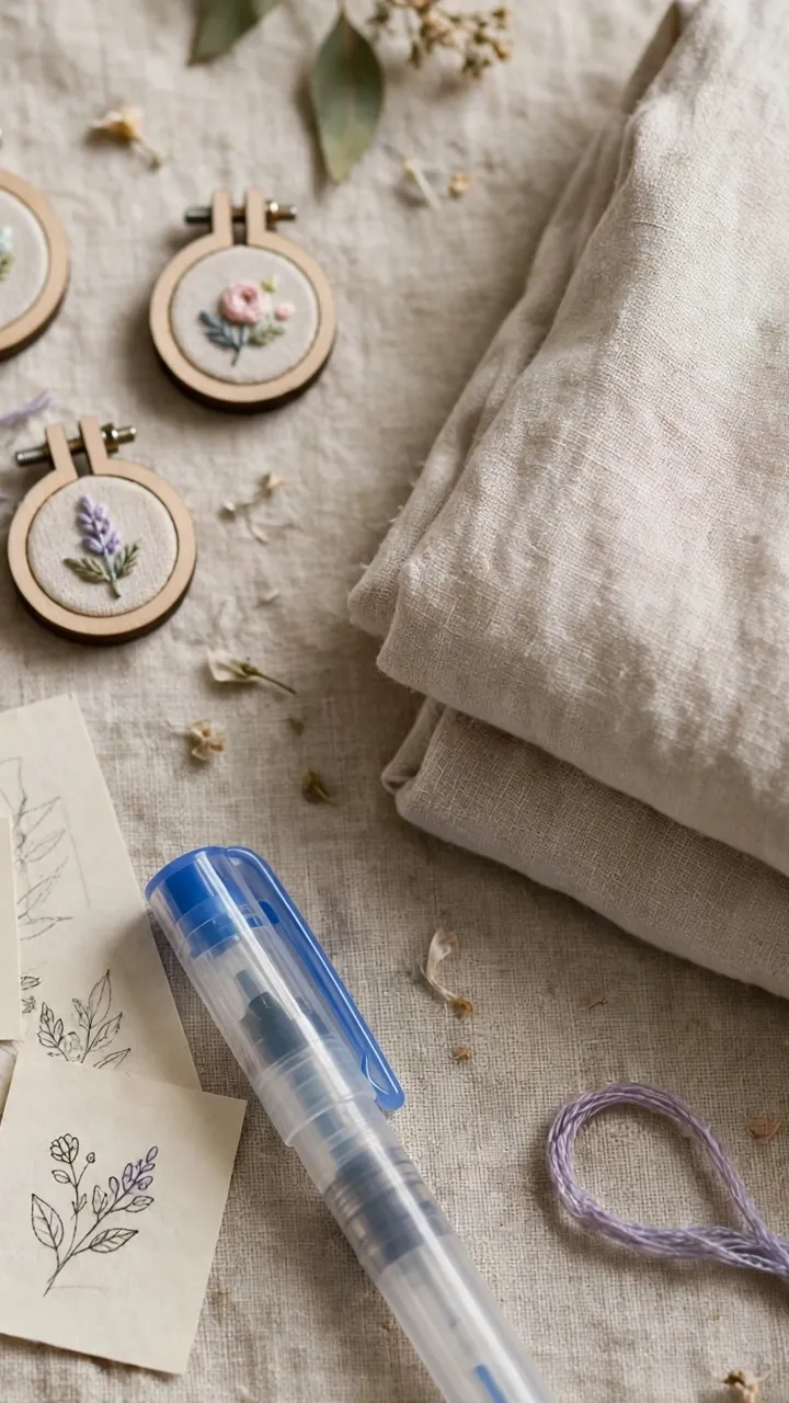 Photorealistic landscape flat lay of tiny embroidery hoops, water-soluble pen, and mini floral pattern sketches beside folded shirt, no text