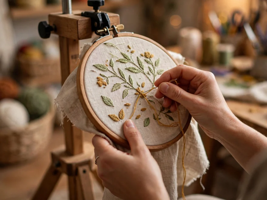 Hands embroidering on fabric in a wooden hoop clamped into a floor stand, warm craft room lighting