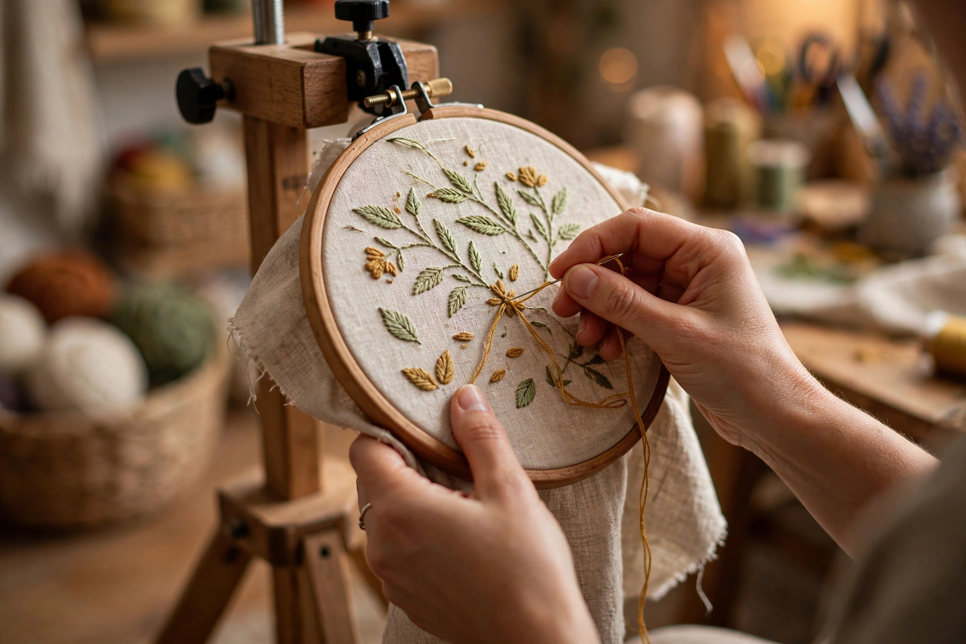 Hands embroidering on fabric in a wooden hoop clamped into a floor stand, warm craft room lighting