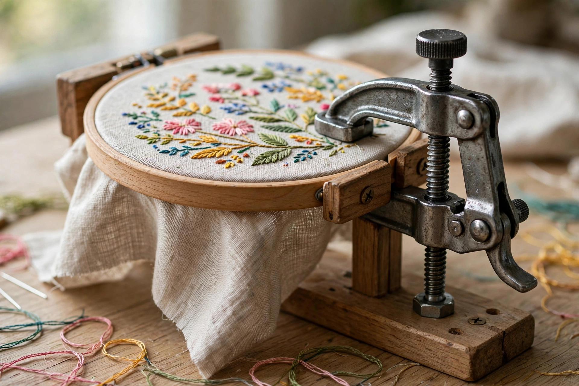 Metal clamp mechanism gripping a wooden embroidery hoop on a tabletop stand with colorful stitches on linen