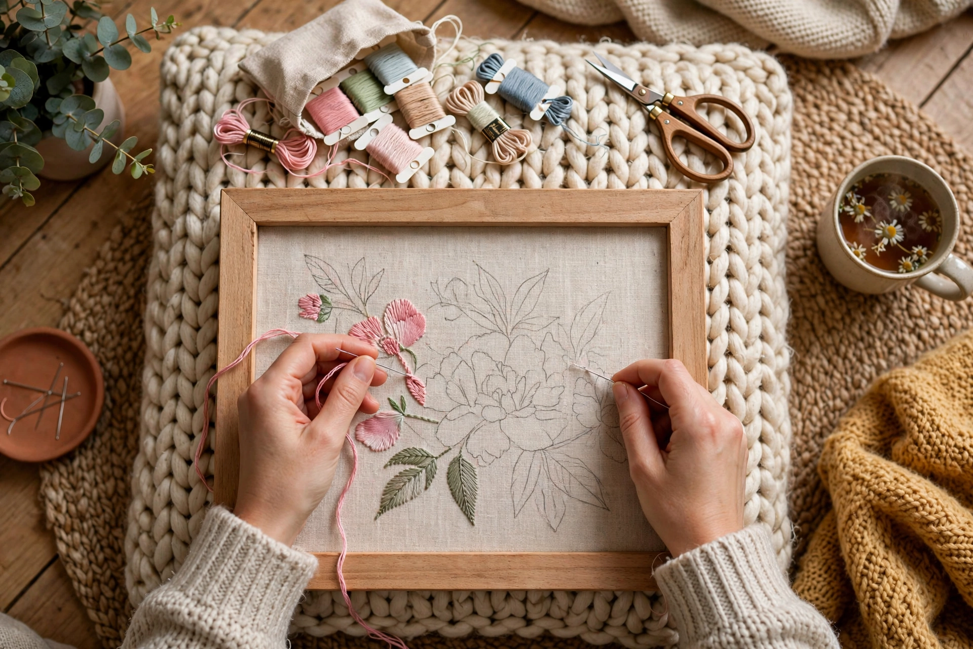 Wooden lap frame resting on a cushion with hands stitching a floral design in a cozy living room
