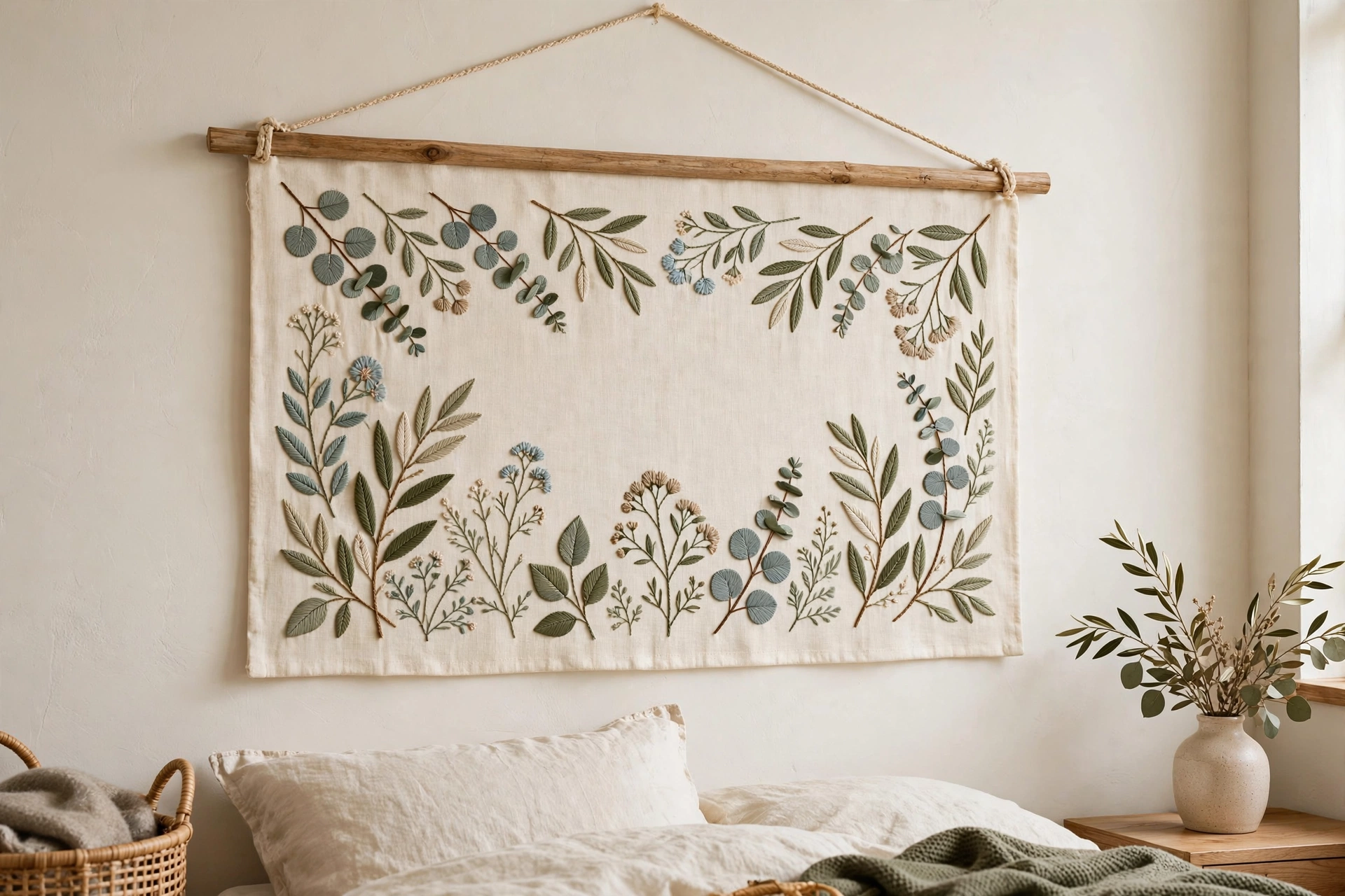 Photorealistic embroidered wall hanging with botanical design on cream linen, wooden dowel at top with hanging cord, styled on a light wall in a cozy bedroom, landscape orientation, no text