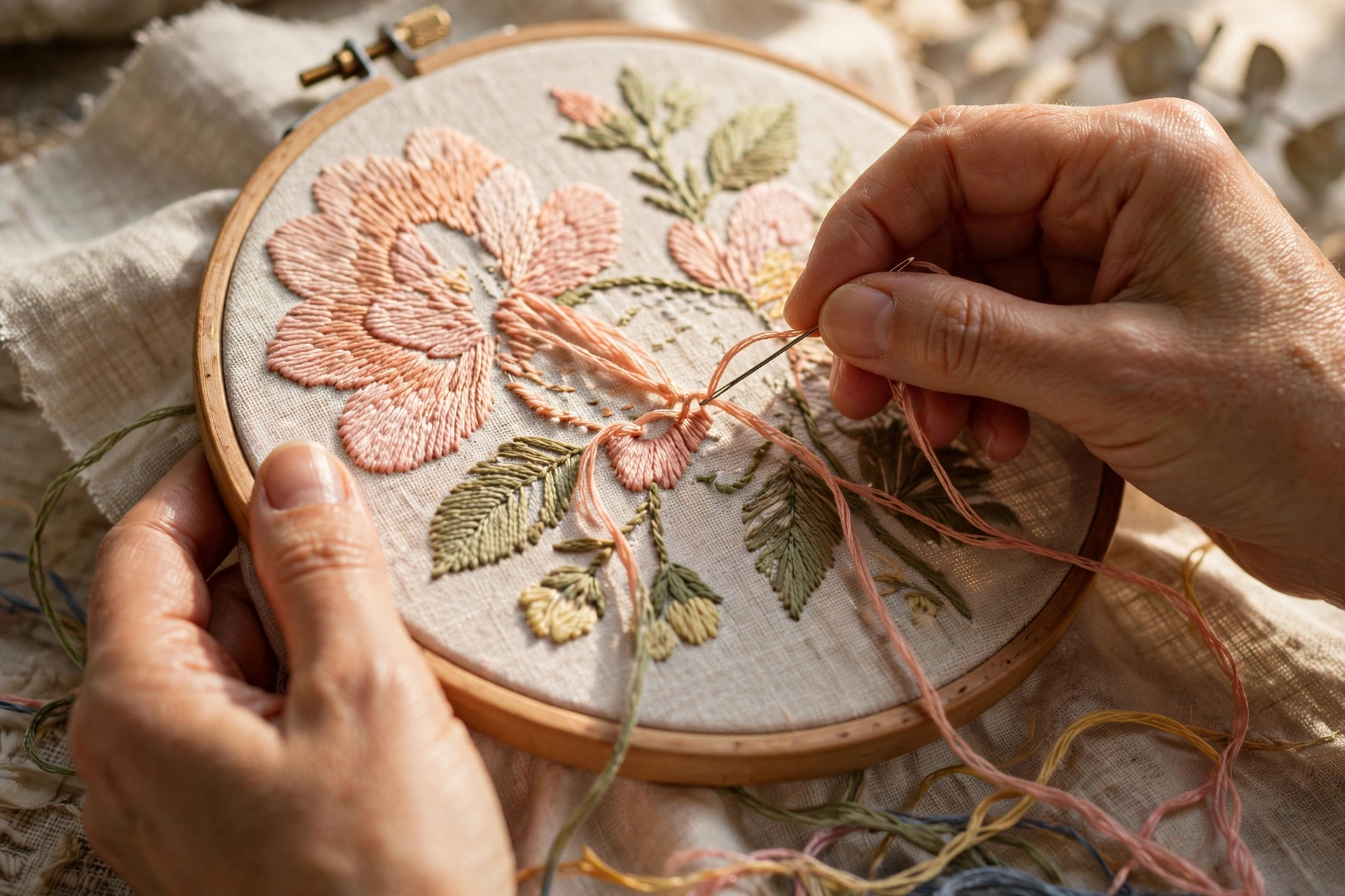 Photorealistic close-up of hands stitching a large floral design on linen fabric stretched for a wall hanging, embroidery floss and needle visible, warm natural light, landscape orientation, no text