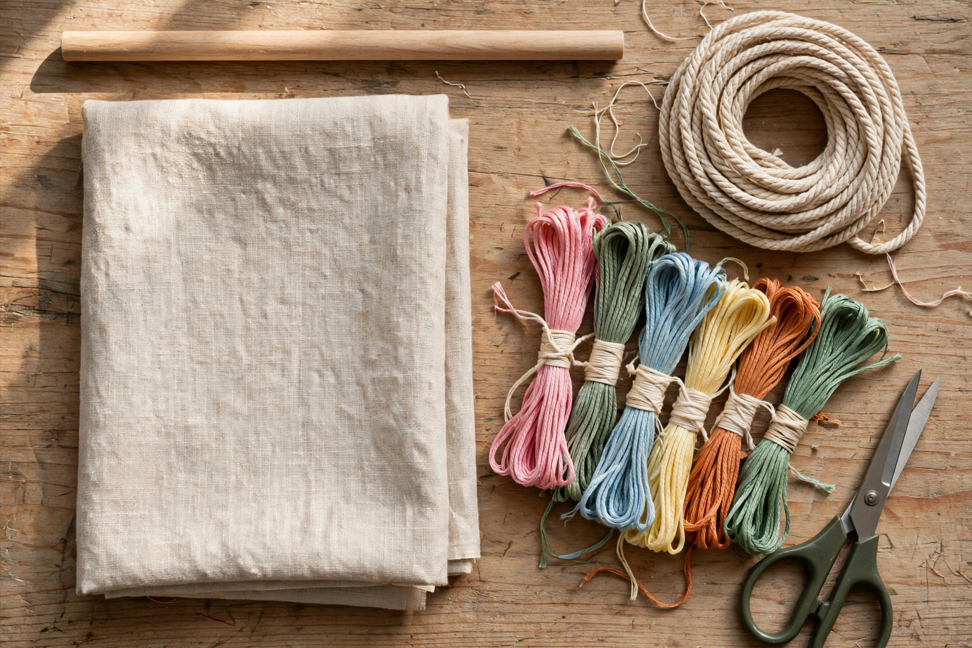 Photorealistic overhead view of wall hanging supplies: linen fabric rectangle, wooden dowel rod, cotton cord, embroidery floss bundles, scissors on a craft table, landscape orientation, no text