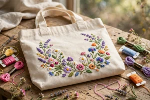 Photorealistic canvas tote bag with colorful embroidered wildflower design, styled on a wooden table with embroidery floss and needle, bright natural light, landscape orientation, no text