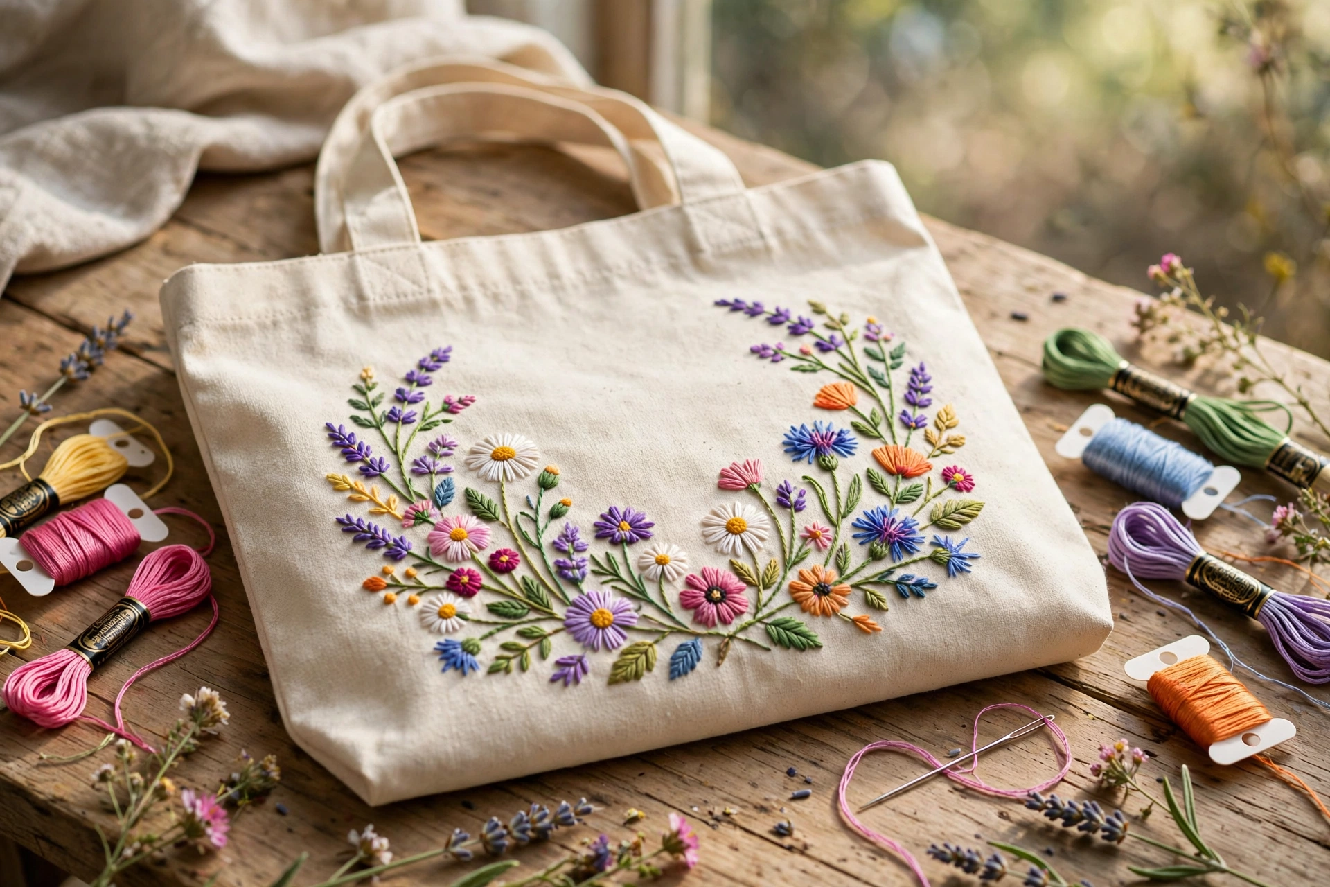 Photorealistic canvas tote bag with colorful embroidered wildflower design, styled on a wooden table with embroidery floss and needle, bright natural light, landscape orientation, no text