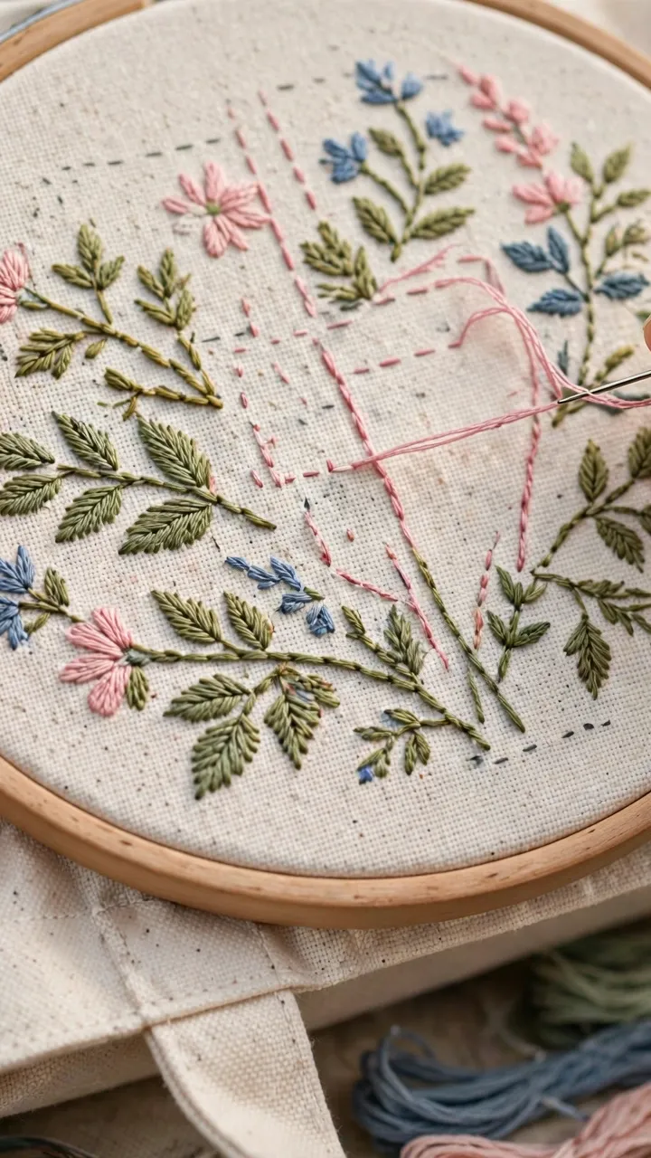 Photorealistic close-up of hands embroidering a floral pattern on a natural canvas tote bag held in a hoop, detailed stitching visible, landscape orientation, no text