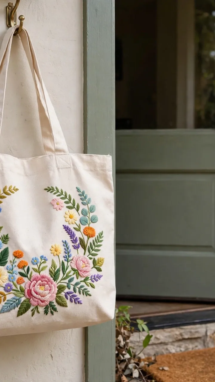 Photorealistic finished embroidered tote bag hanging on a hook by a front door, cheerful botanical embroidery, lifestyle setting, landscape orientation, no text