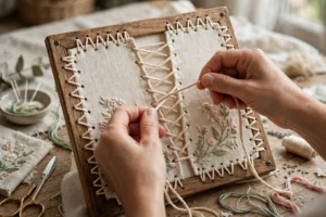 Photorealistic hands lacing the back of embroidery mounted on a wooden frame, cream linen with floral stitching, craft table setting, landscape orientation, no text