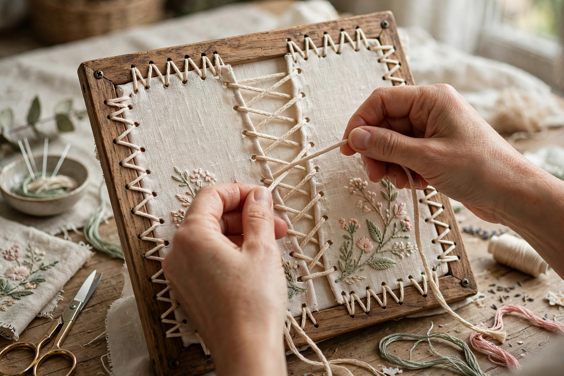 Photorealistic hands lacing the back of embroidery mounted on a wooden frame, cream linen with floral stitching, craft table setting, landscape orientation, no text