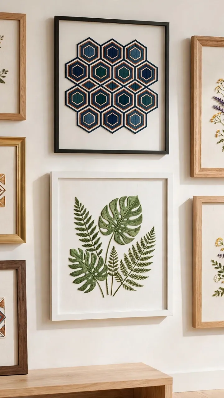 Photorealistic collection of framed embroidery pieces in different frames on a gallery wall, botanical and geometric designs, bright interior, landscape orientation, no text