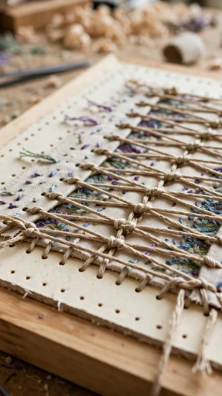 Photorealistic close-up of embroidery being mounted into a square wooden frame with mat board, neat lacing visible on the back, workshop setting, landscape orientation, no text
