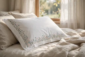 Photorealistic white pillowcase with delicate embroidered floral border on a bed with soft linen bedding, morning light through window, landscape orientation, no text
