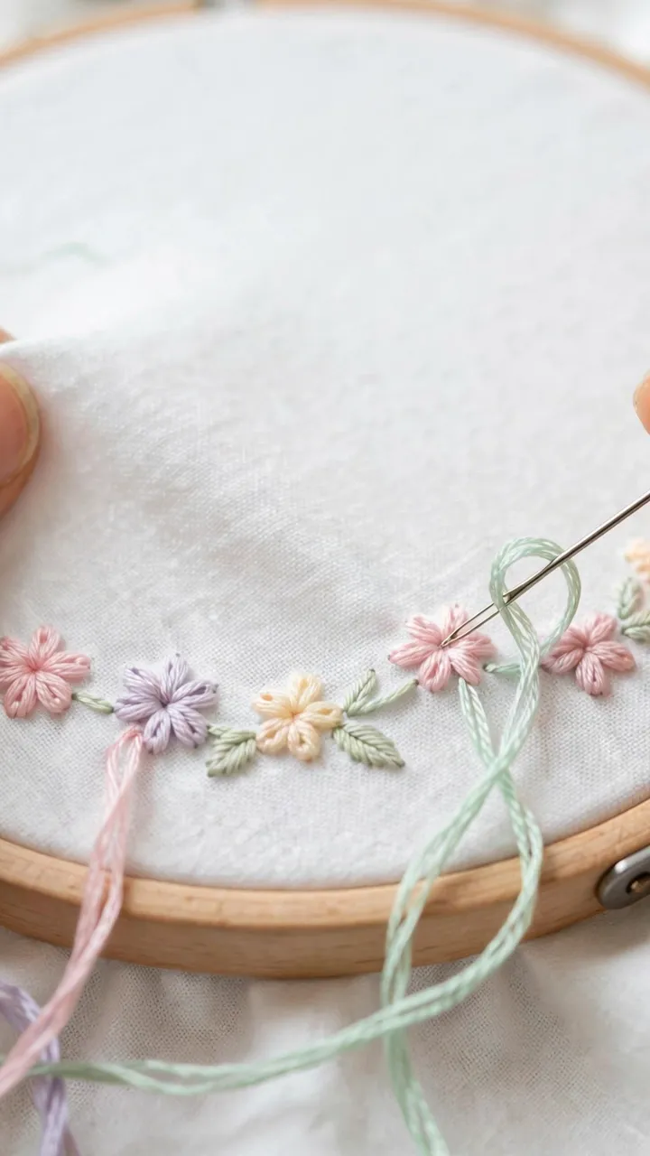 Photorealistic close-up of hands embroidering small flowers along the edge of a white cotton pillowcase in a hoop, needle and pastel floss visible, landscape orientation, no text