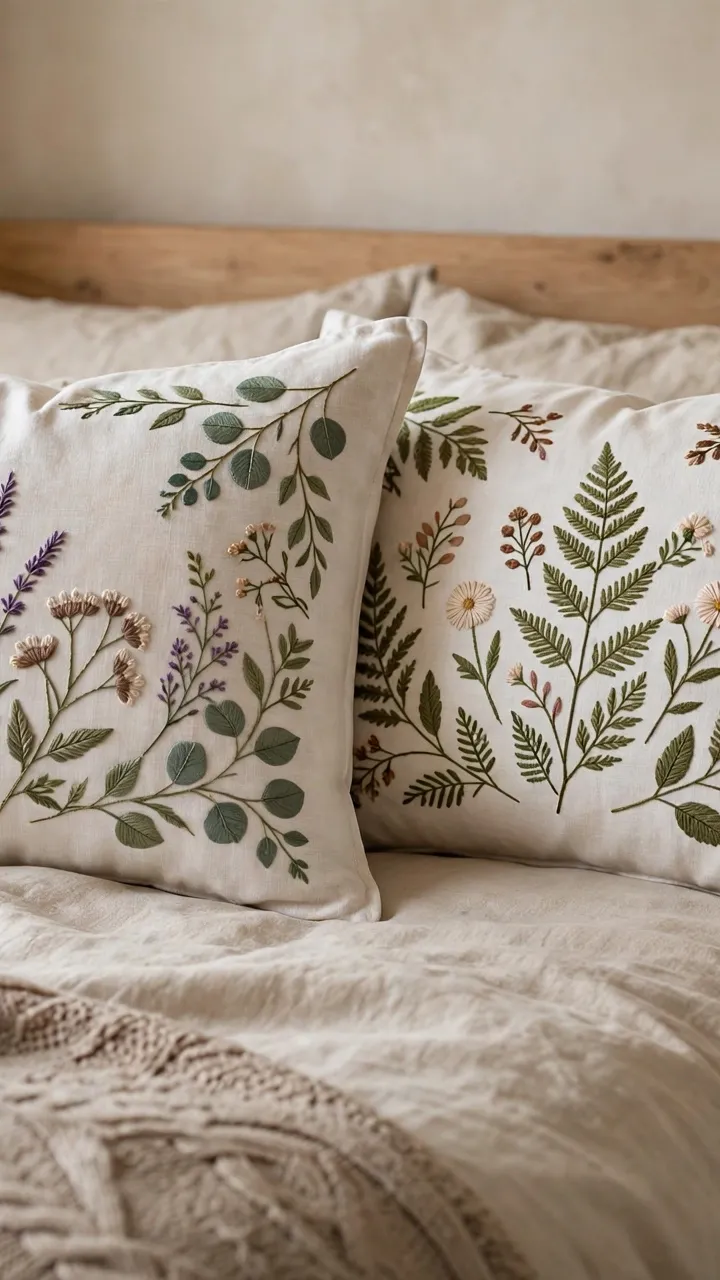Photorealistic pair of finished embroidered pillowcases with botanical designs arranged on a bed, cozy bedroom styling, landscape orientation, no text