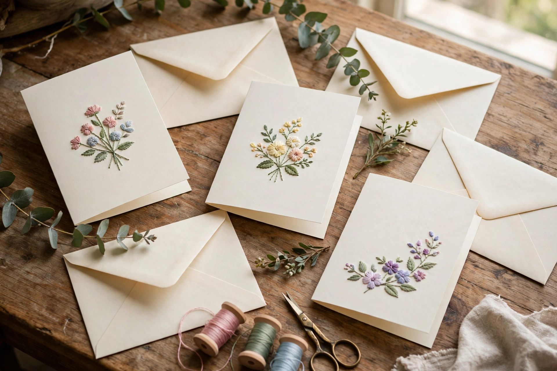 Photorealistic handmade greeting cards with small embroidered floral designs on cream cardstock, arranged with envelopes on a wooden desk, landscape orientation, no text