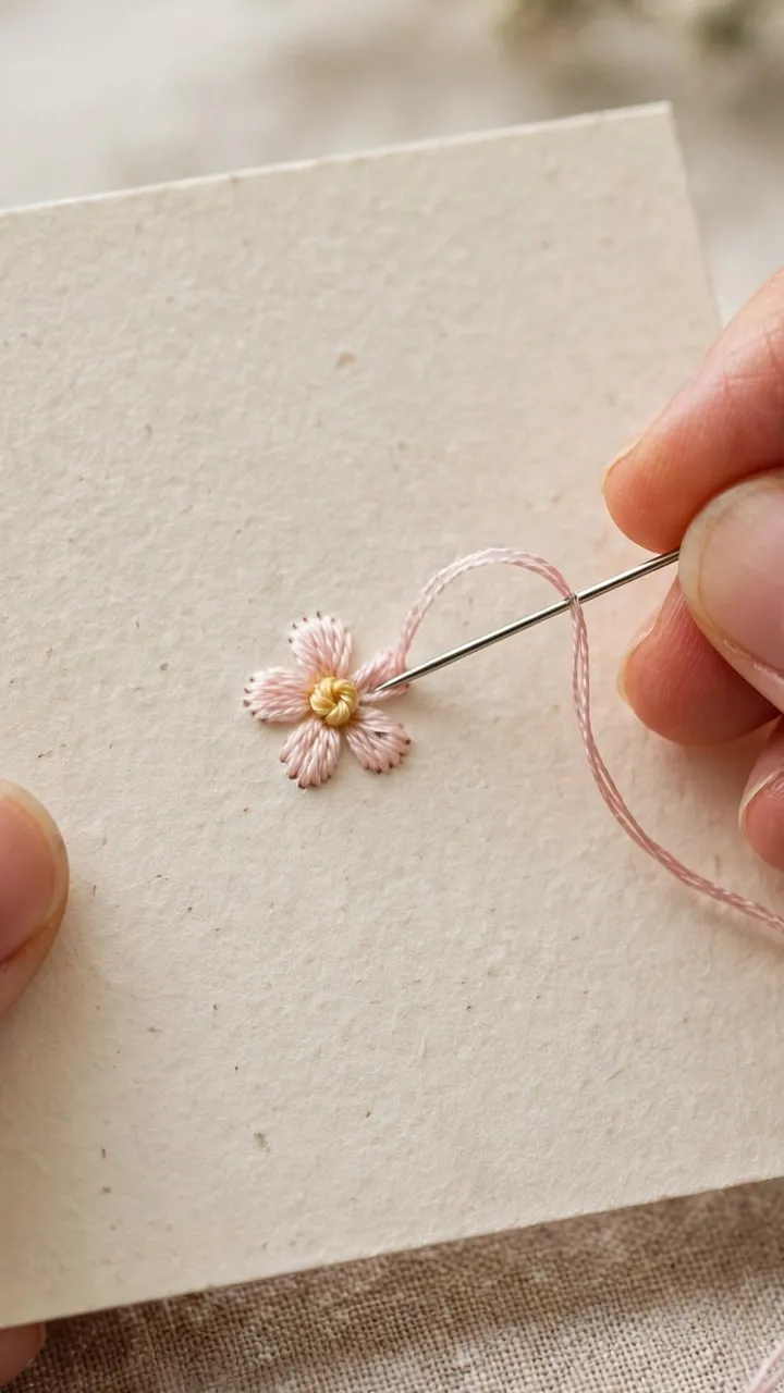 Photorealistic close-up of hands stitching a tiny flower onto paper cardstock for an embroidered greeting card, needle and thread visible, landscape orientation, no text