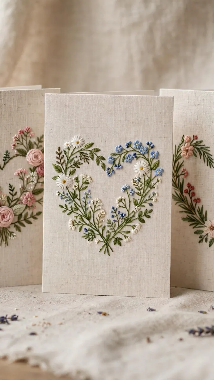 Photorealistic set of finished embroidered greeting cards with botanical and heart motifs displayed upright, soft natural lighting, landscape orientation, no text