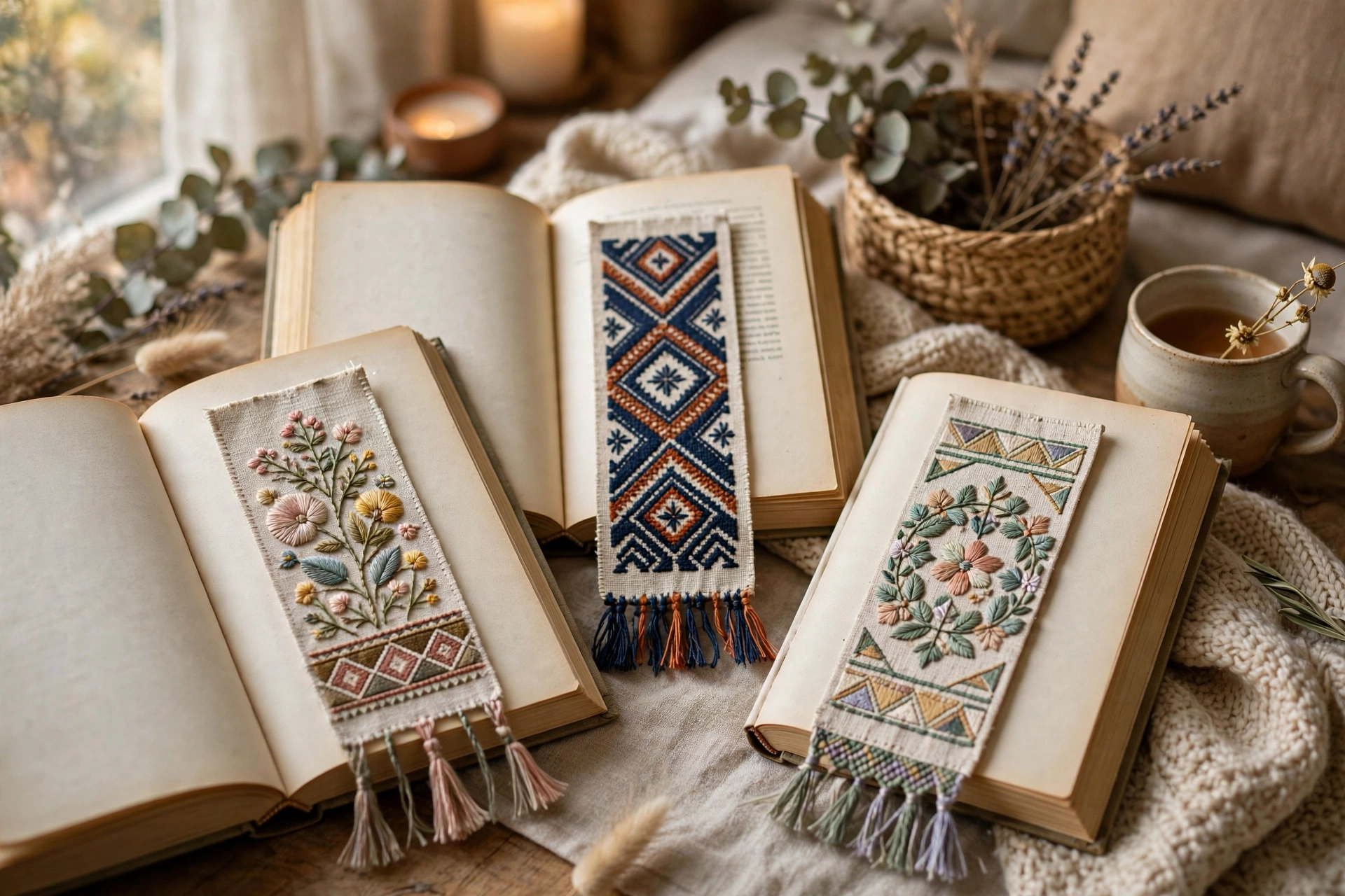 Photorealistic handmade embroidered bookmarks with floral and geometric designs tucked into open books, cozy reading nook setting, landscape orientation, no text