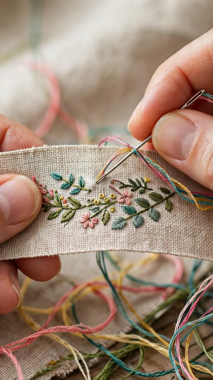 Photorealistic close-up of hands stitching a small botanical design on a fabric bookmark strip, colorful floss and needle visible, landscape orientation, no text