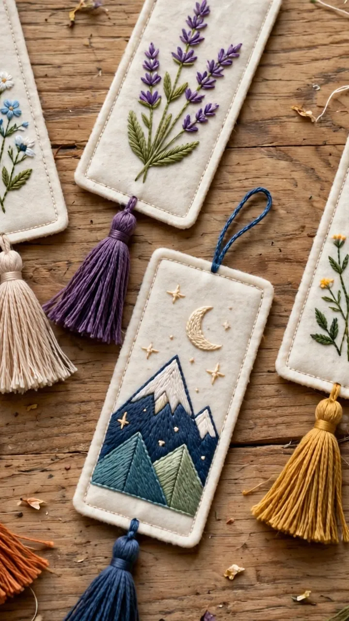 Photorealistic set of finished embroidered bookmarks with tassels in various designs laid out on a wooden table, landscape orientation, no text