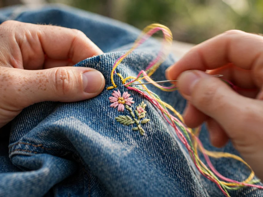 Hands stitching a small floral motif on a denim jacket with colorful thread in natural daylight