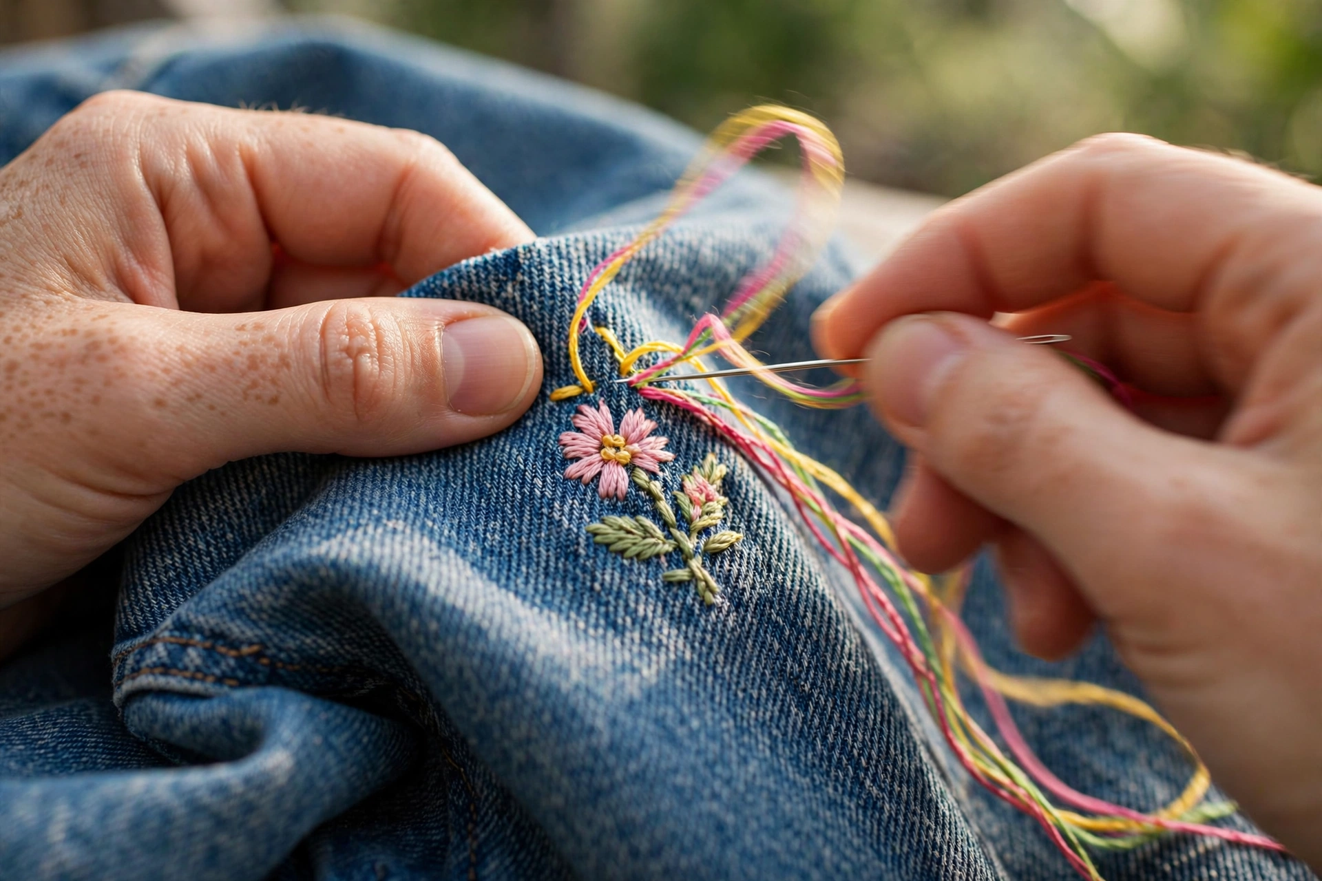 Hands stitching a small floral motif on a denim jacket with colorful thread in natural daylight