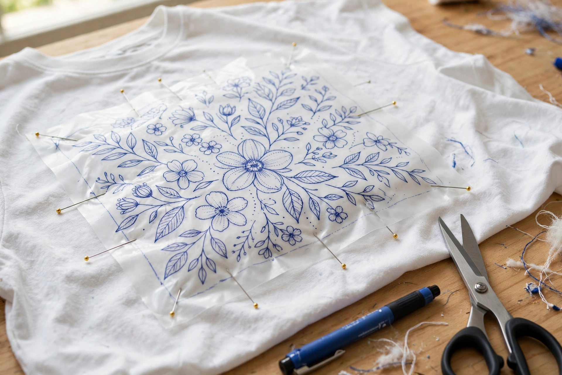 Water-soluble stabilizer with traced flower pattern pinned to white t-shirt fabric, scissors and marking pen nearby