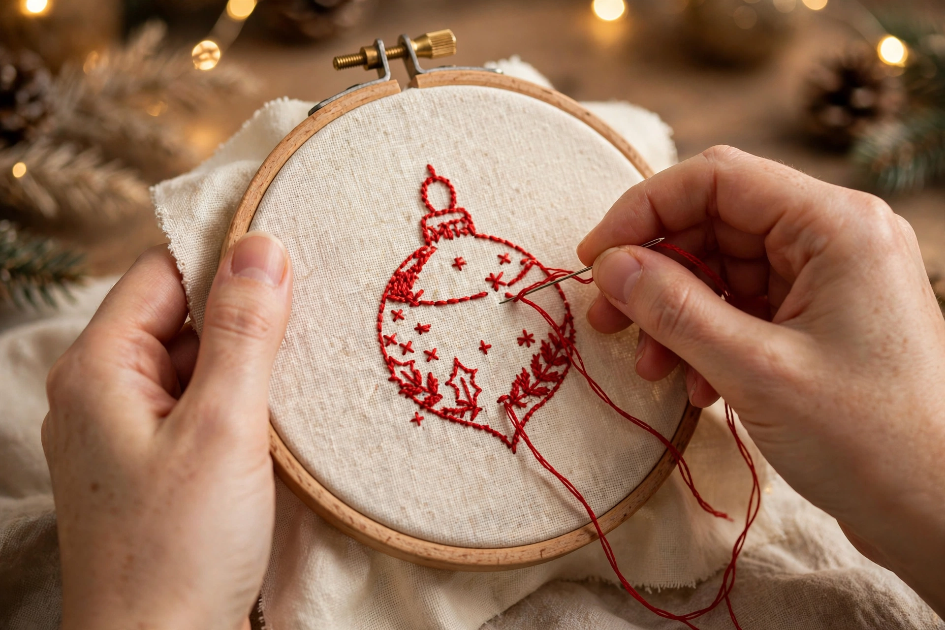 Photorealistic close-up of hands embroidering a small red Christmas ornament motif on cream linen in a wooden hoop, warm holiday lighting, landscape orientation, no text