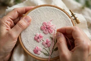 Photorealistic close-up of hands embroidering pink flowers and the word "Mom" on cream linen in a wooden hoop, soft natural light, landscape orientation, no text