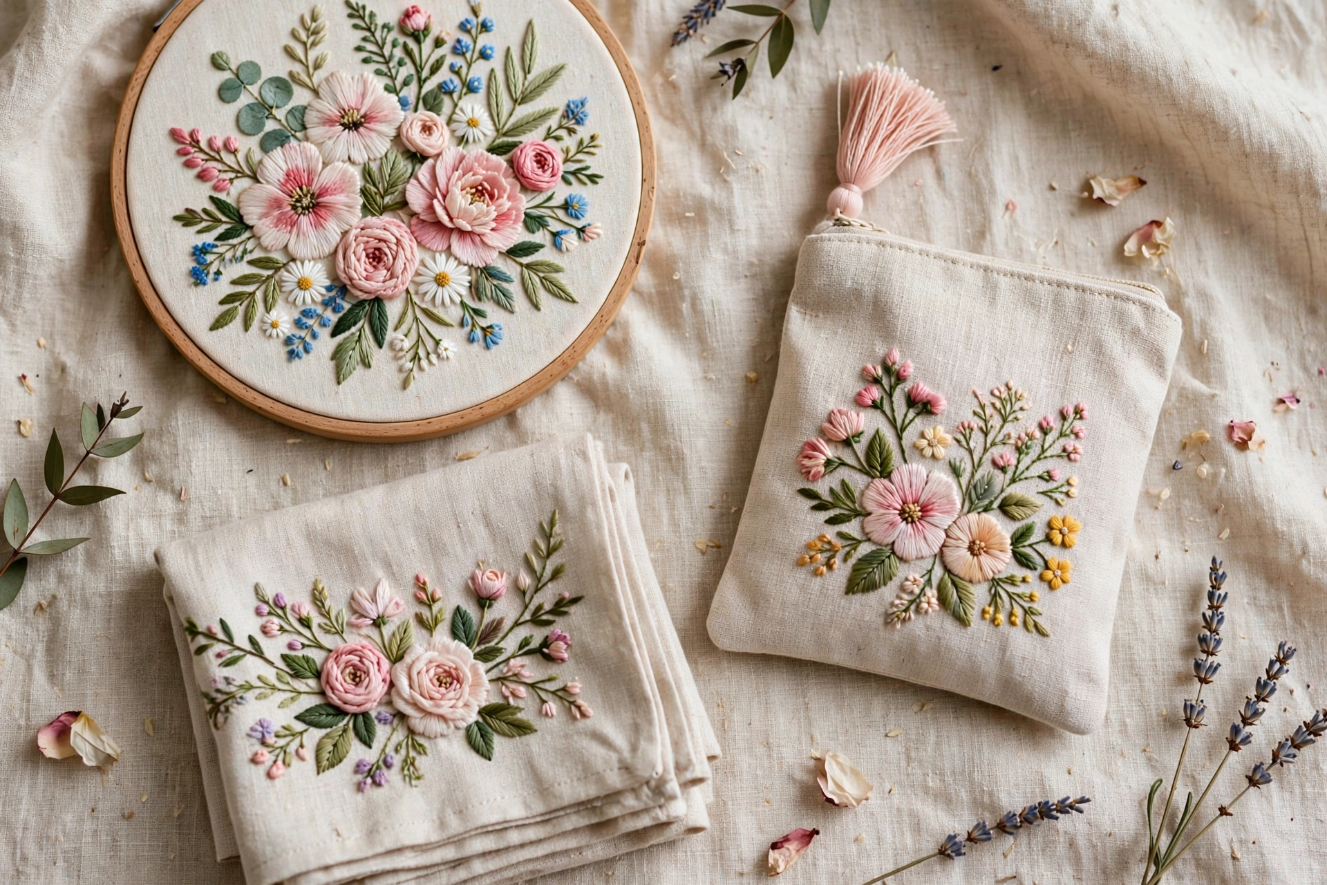 Photorealistic flat lay of finished Mother's Day embroidery gifts: floral hoop art, embroidered handkerchief, small pouch with stitched flowers, landscape orientation, no text