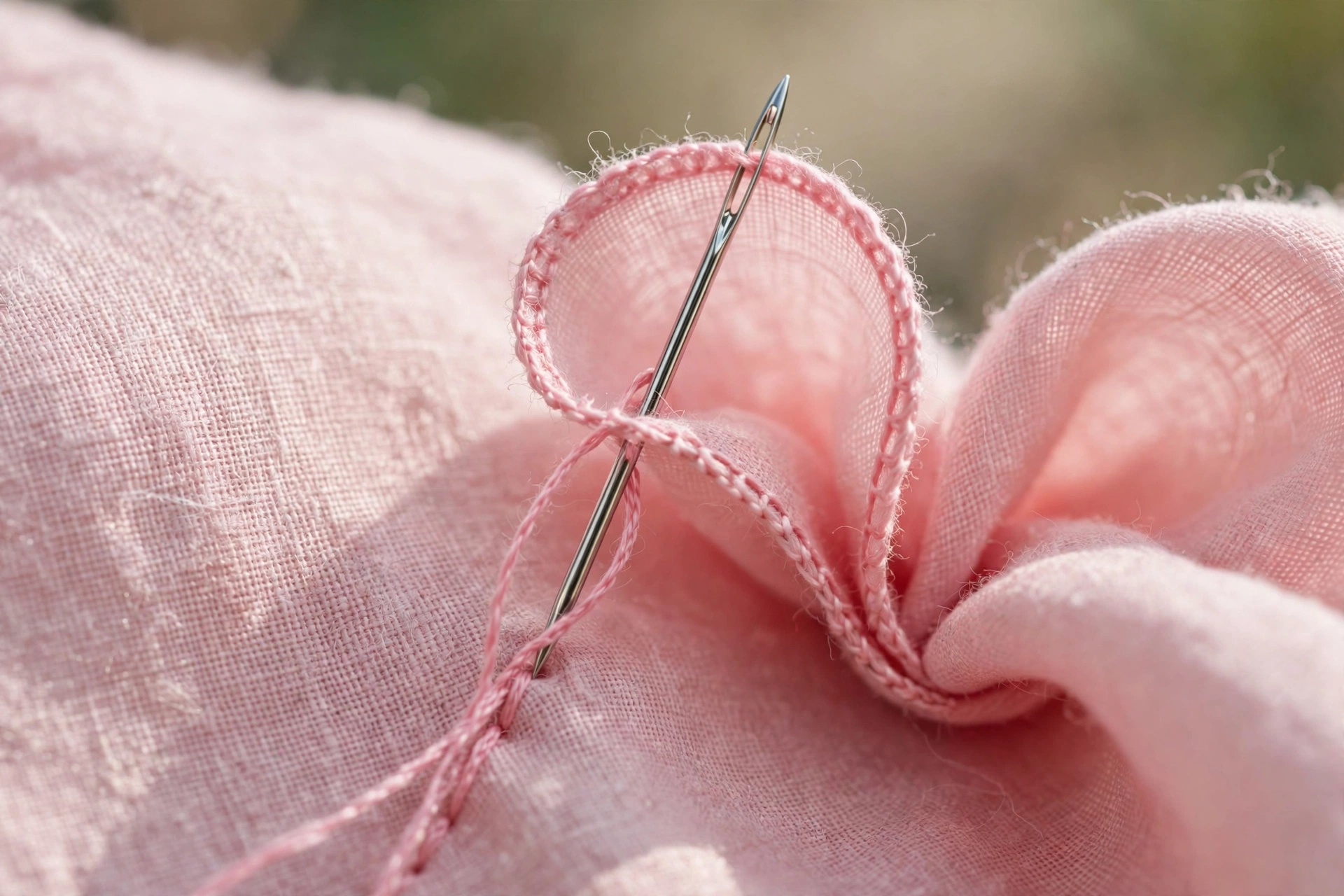 Photorealistic macro shot of needle pulling pink thread through fabric forming a rose petal, delicate and detailed, soft daylight, landscape orientation, no text