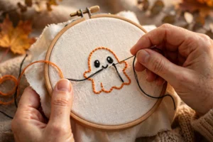 Photorealistic close-up of hands embroidering a cute ghost motif with orange and black thread on cream linen in a wooden hoop, warm autumn lighting, landscape orientation, no text