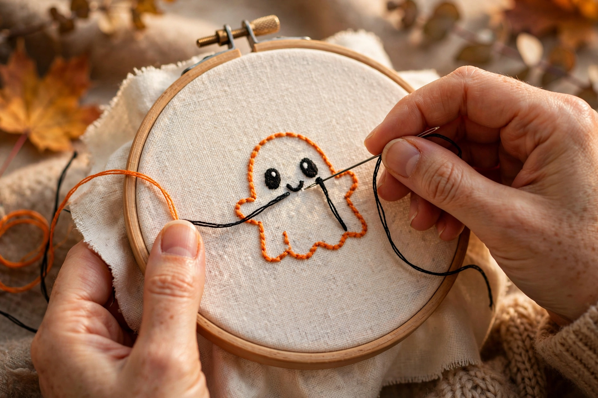 Photorealistic close-up of hands embroidering a cute ghost motif with orange and black thread on cream linen in a wooden hoop, warm autumn lighting, landscape orientation, no text