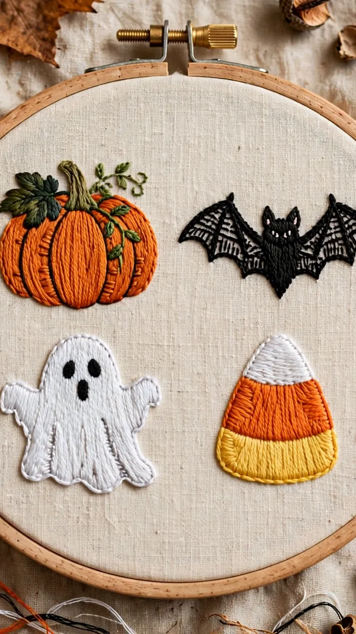 Photorealistic flat lay of finished Halloween embroidery hoop art: pumpkin, bat, ghost, candy corn designs, autumn leaves scattered around, landscape orientation, no text