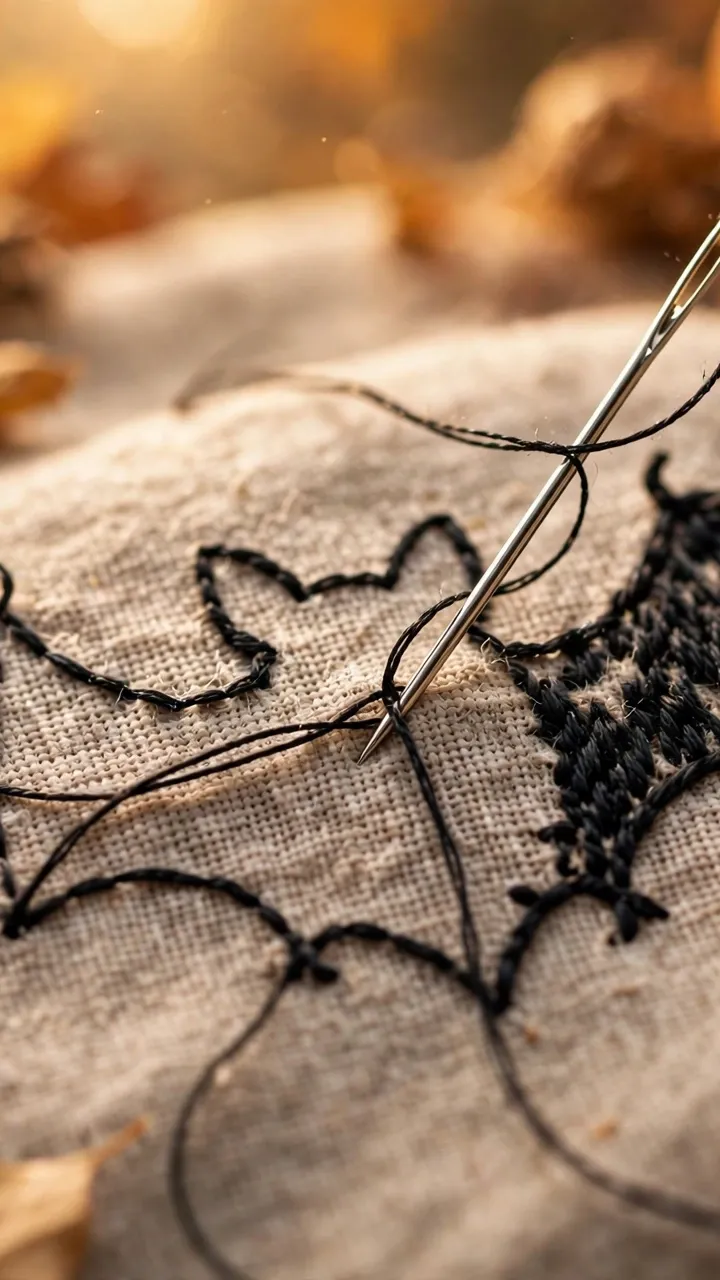 Photorealistic macro shot of needle pulling black thread through fabric forming a bat silhouette, cozy fall lighting, landscape orientation, no text