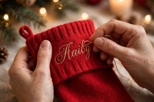 Photorealistic close-up of hands embroidering a name in elegant script on a red Christmas stocking cuff, warm holiday lighting, landscape orientation, no text